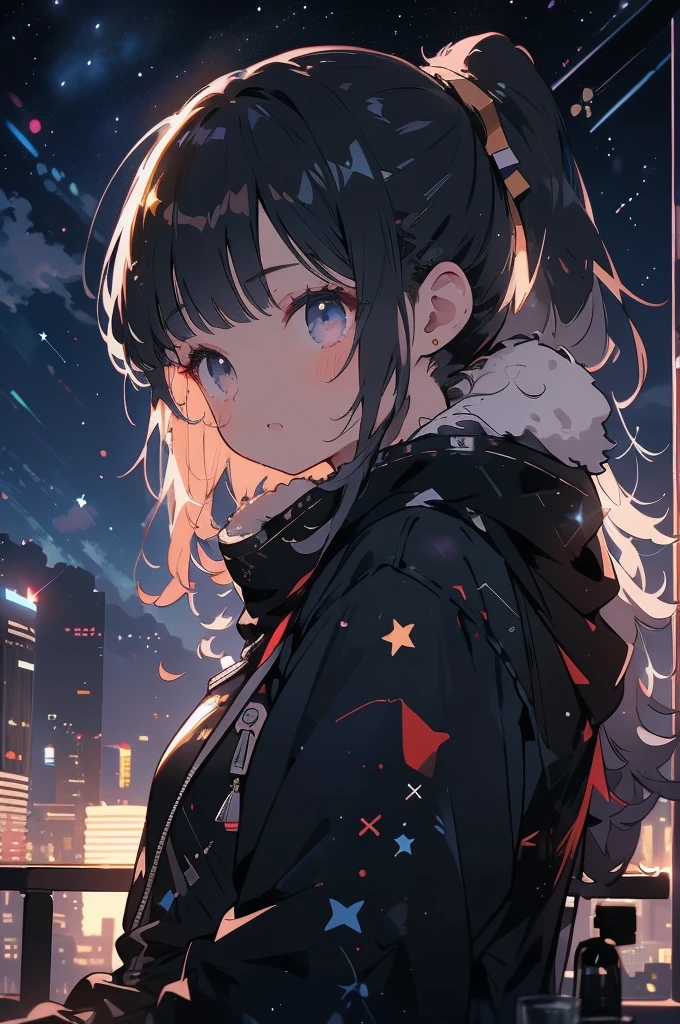 drawing angle,Looking away,Girl with straight hair and ponytail looking at the night sky on the rooftop,Looking up at the night sky,very short bangs,Delicate Makeup,closes mouth,Sitting on the sofa,Shining stars々,shooting stars