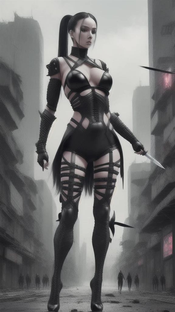 Black long straight hair ponytail female chest cleavage tights white full body sci-fi armor high heels katana sword apocalyptic ruined city