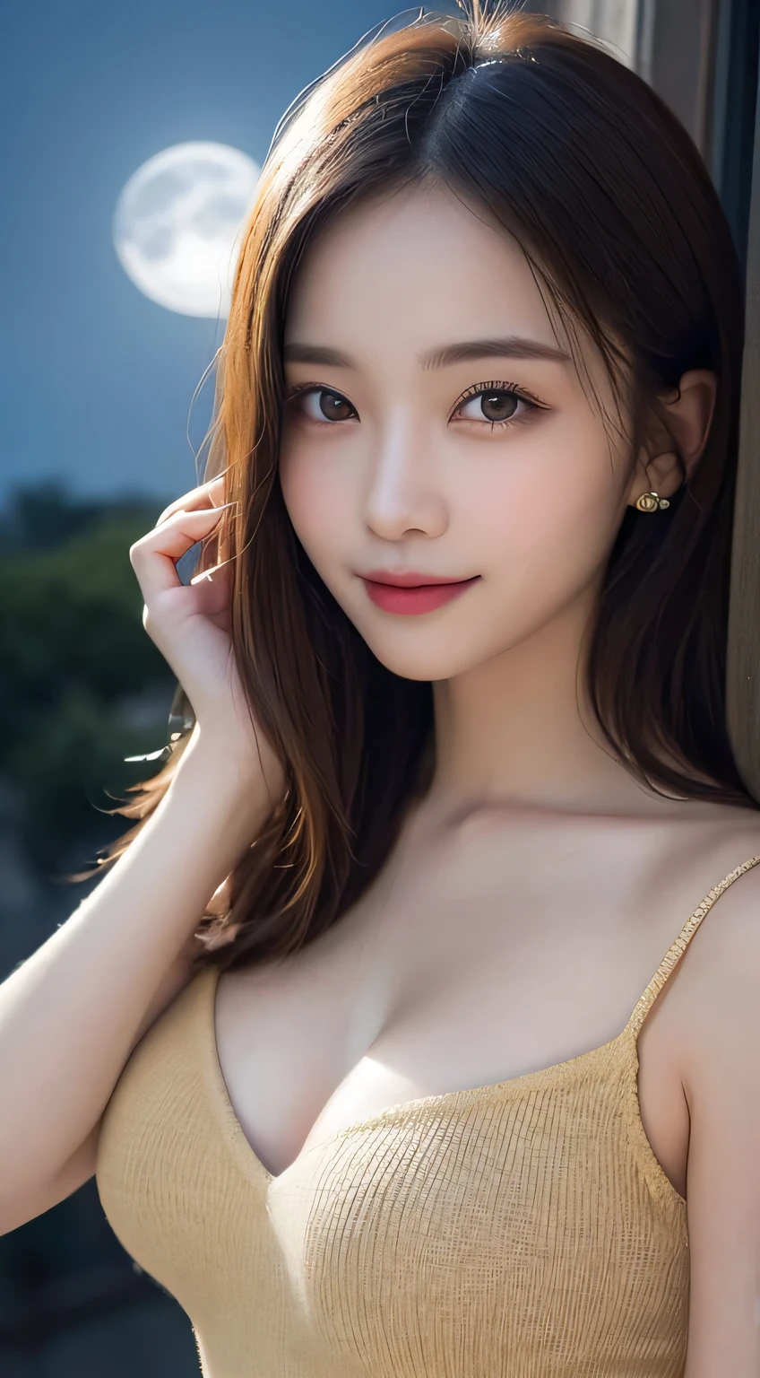 Body portrait, 8K, thin and beautiful eyes, Dindal effect, masterpiece, top quality, high quality, high resolution, very detailed photo, (natural skin texture, fine skin, hyper realism, super sharpness), high detail skin, (very fine, fine skin texture, intricate details, beautiful face, (realistic face), realistic eyes, beautifully detailed eyes, realistic skin, beautiful skin, surreal, very detailed Golden ratio, smiling eyes, ((night moonlight background) )), body portrait, G cup, big breasts, huge breasts, big breasts, glamorous, sexy knit dress,
