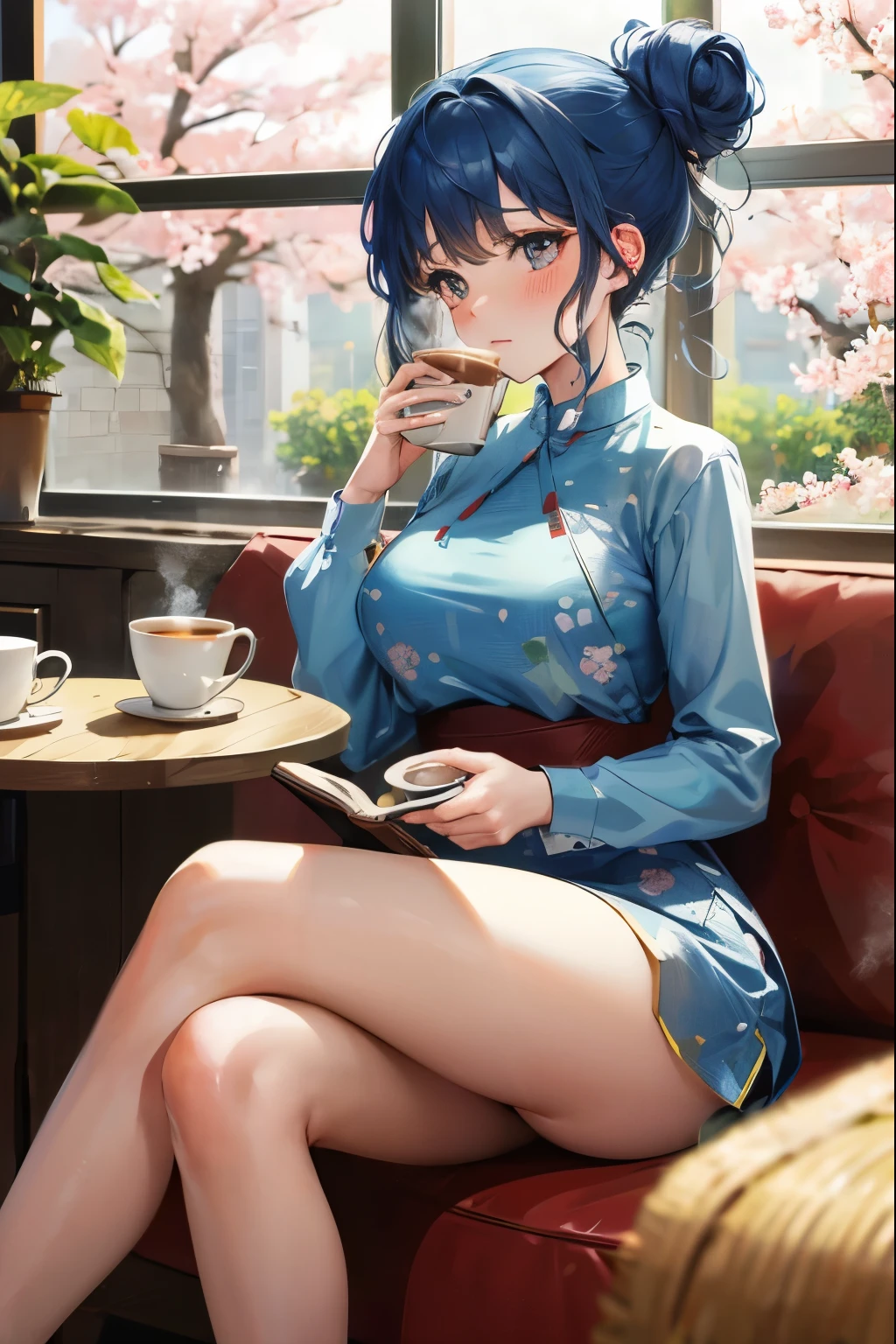 girl, coffee, coffee店, table, Messy Bun, straw, Sunlight, window, comfortable, peaceful, Flowers, aesthetics, Soft, Slice of life, Relax, morning, leisure, peaceful, Warm atmosphere, Cute big butt, steam, Peace, Daydream, aromatic, latte art, Book, Potted plants, Cherry blossoms, blush, Contemplative, Moderate, Beautifully, Fantastic, Blue Hair, jk, Wavy pattern