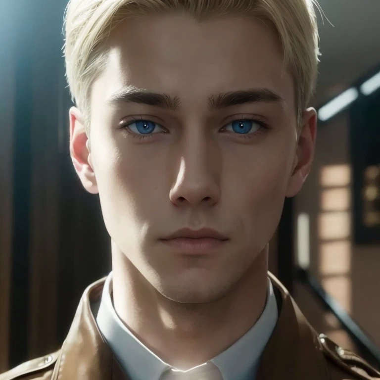 a man with blonde hair and blue eyes, portrait of erwin smith, from attack on titan, white shirt and Brown jacket l, handsome, jawline, Firm Look, with little smile, realistic