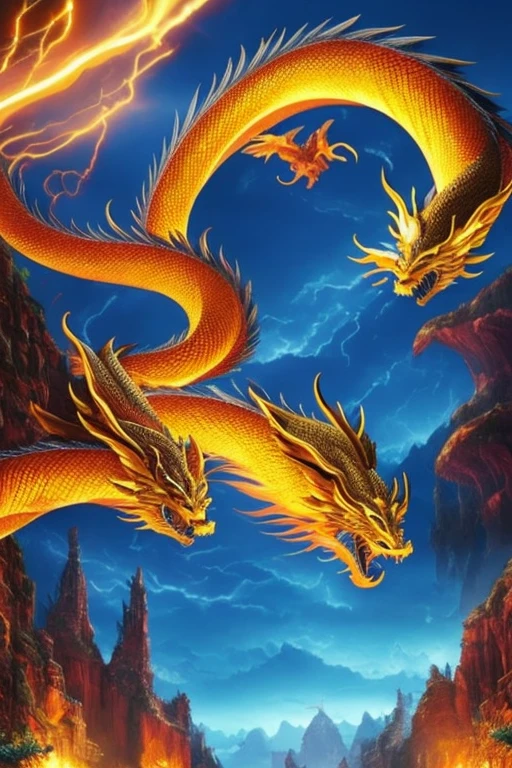 So sublime and divine々A beautiful golden dragon coiled up in the center of the screen, glaring at the camera.。金色のThe dragon is幸せをもたらす神なのでとても有難い存在である。The surrounding area is a canyon where no one can get close, and lightning is flashing in the background.、The sun is shining brightly。The dragon is、I want a realistic image。