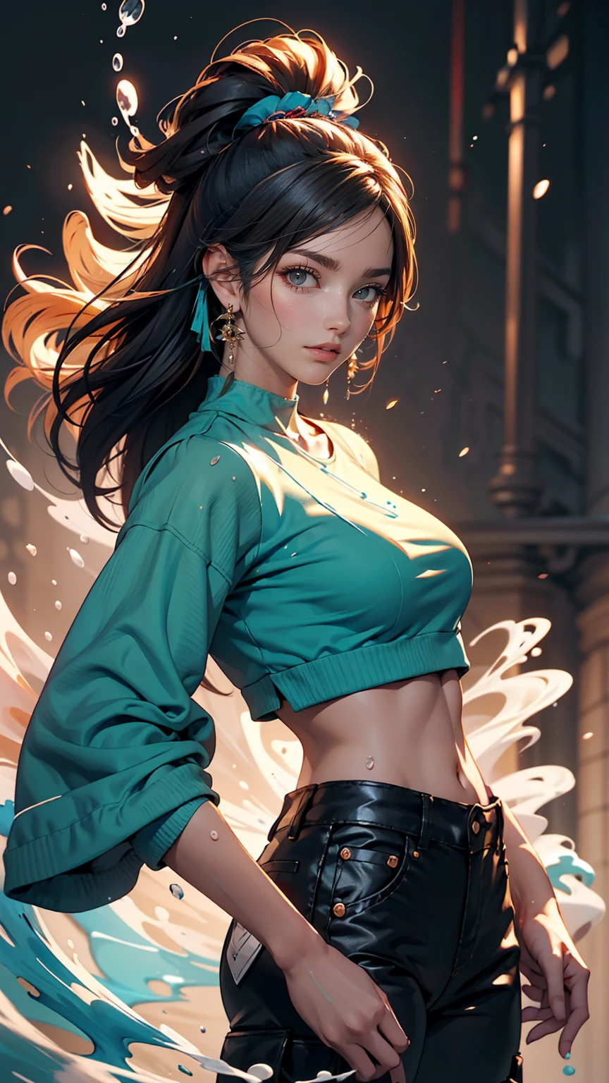 Award-winning Samdo art style、Wearing a crop top and cargo pants、Dark blue teal hair style with head movement、Half-body portrait of a beautiful woman with flowing hair。, Paint splashes, Splash, Overtake, Vaporware, Shaded flat illustration, Digital Art, Trending on Art Station, Very detailed, The finer details, Complex