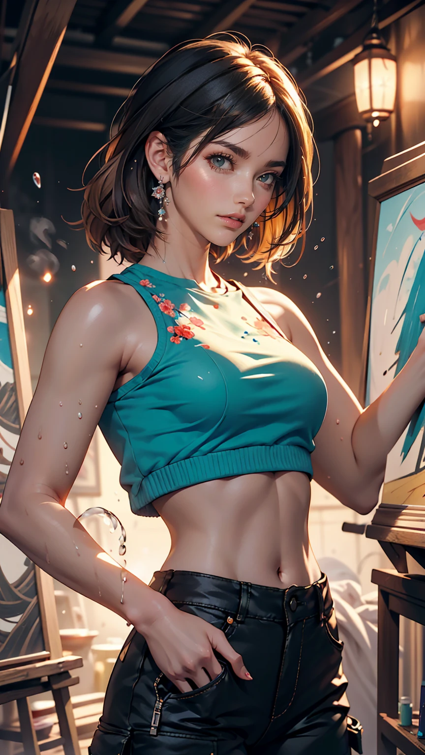Award-winning Samdo art style、Wearing a crop top and cargo pants、Dark blue teal hair style with head movement、Half-body portrait of a beautiful woman with flowing hair。, Paint splashes, Splash, Overtake, Vaporware, Shaded flat illustration, Digital Art, Trending on Art Station, Very detailed, The finer details, Complex