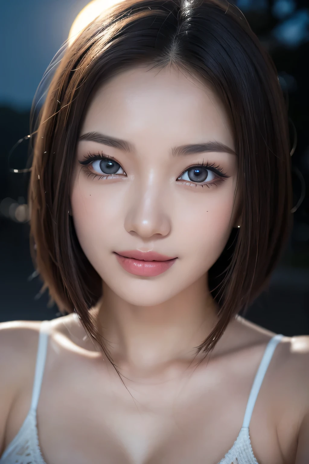 Body portrait, 8K, thin and beautiful eyes, Dindal effect, masterpiece, top quality, high quality, high resolution, very detailed photo, (natural skin texture, fine skin, hyper realism, super sharpness), high detail skin, (very fine, fine skin texture, intricate details, beautiful face, (realistic face), realistic eyes, beautifully detailed eyes, realistic skin, beautiful skin, surreal, very detailed Golden ratio, smiling eyes, ((night moonlight background) )), body portrait, G cup, big breasts, huge breasts, big breasts, glamorous, sexy knit dress,