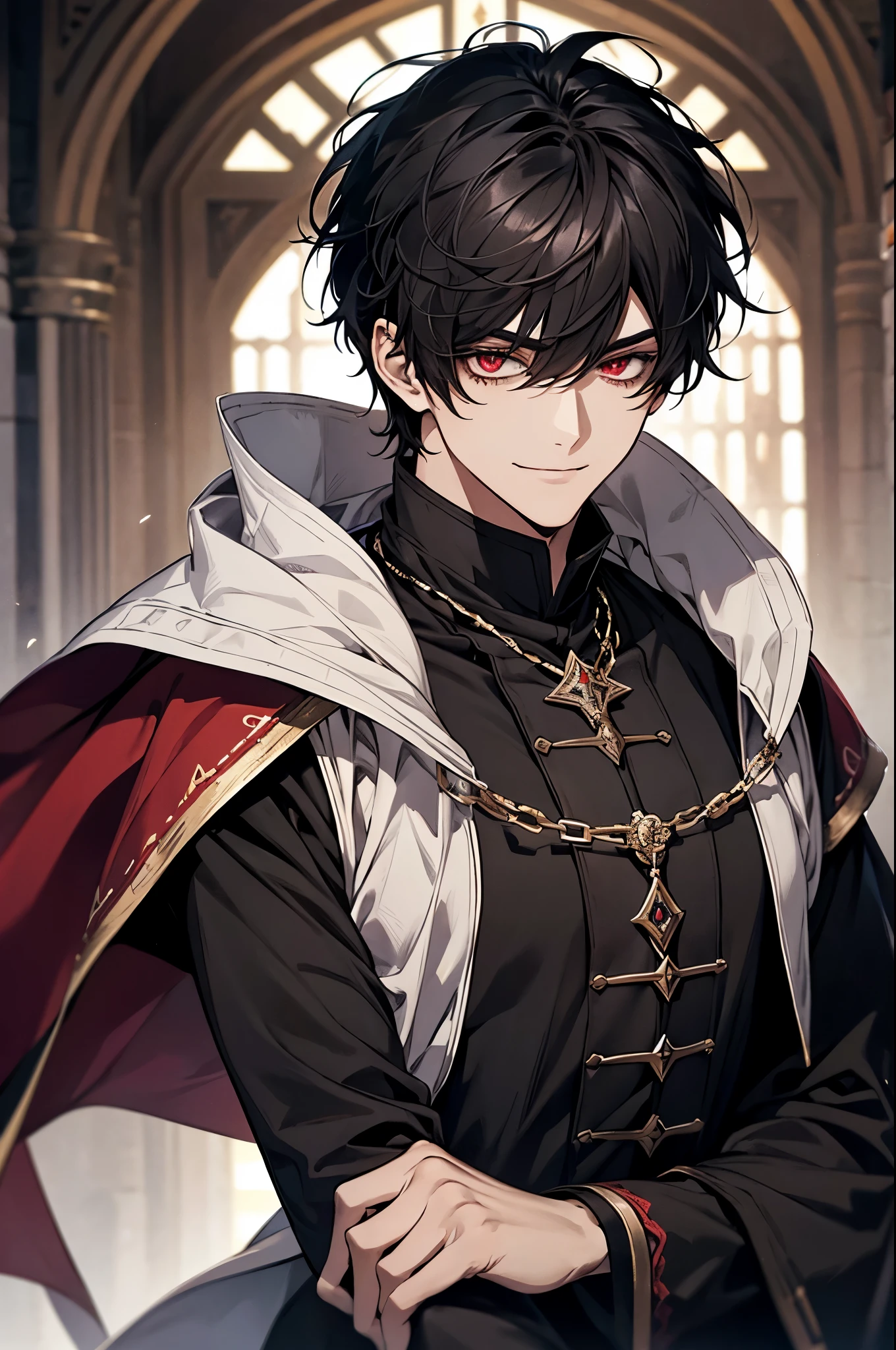 male, messy black hair with bangs, short hair, dark red eyes, smile, beautiful face, dark sorcerer, court mage, medieval fantasy, condescending