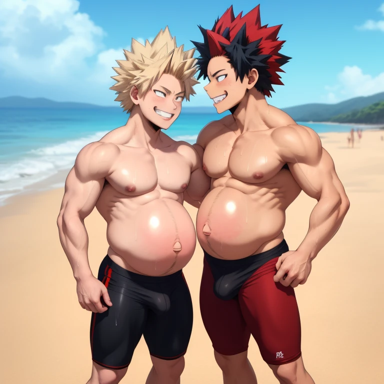 2boys, full body, male focus, muscular male, best quality, amazing quality, best aesthetic, absurdres, chilling at the beach, gay couple, official style, year 2023, game cg, looking at viewer, happy, looking at each others bellies, together on picture, yaoi, gay couple, emphasizing the extraordinary size of pregnant belly, pregnant belly, wet with milk dripping, (bakugou katsuki, Eijiro Kirishima red riot), boku no hero academia, nipples, arms back of head, wearing black short underwear, grin.
