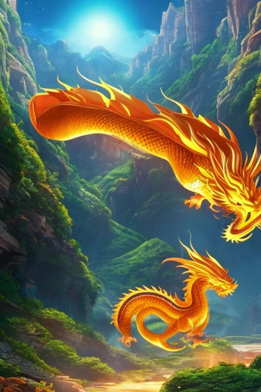 So sublime and divine々A beautiful golden dragon coiled up in the center of the screen, glaring at the camera.。金色のThe dragon is幸せをもたらす神なのでとても有難い存在である。The surrounding area is a canyon where no one can get close, and lightning is flashing in the background.、The sun is shining brightly。The dragon is、I want a realistic image。