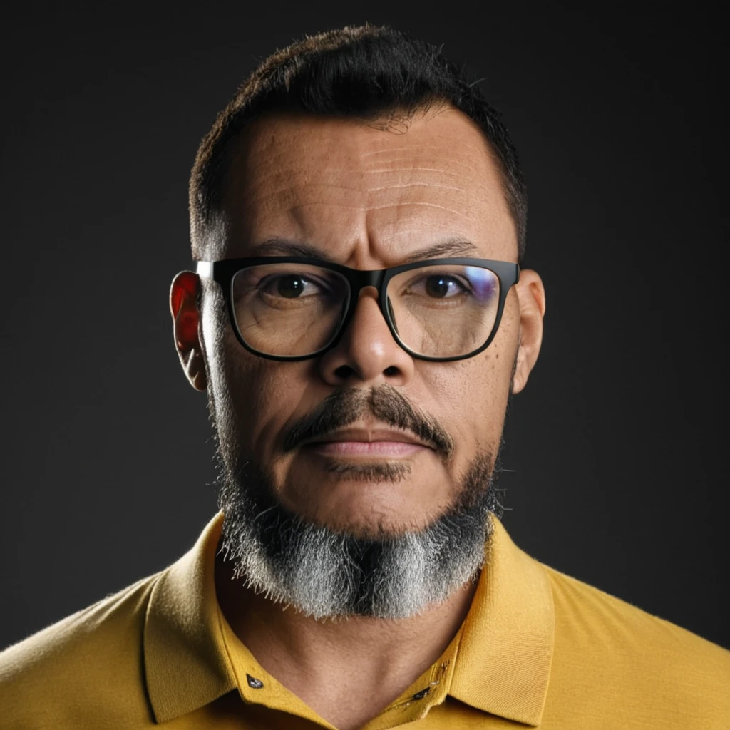 Close-up upper body RAW photo of a man wearing glasses, (long beard:1.2), brown eyes, short hair cut military style, yellow polo shirt, (grayscale background: 1.2), studio chiaroscuro lighting, professional portrait, Sony Alpha Mirrorless Camera, (high detailed skin, full sharp:1.2).,gutto2024abr