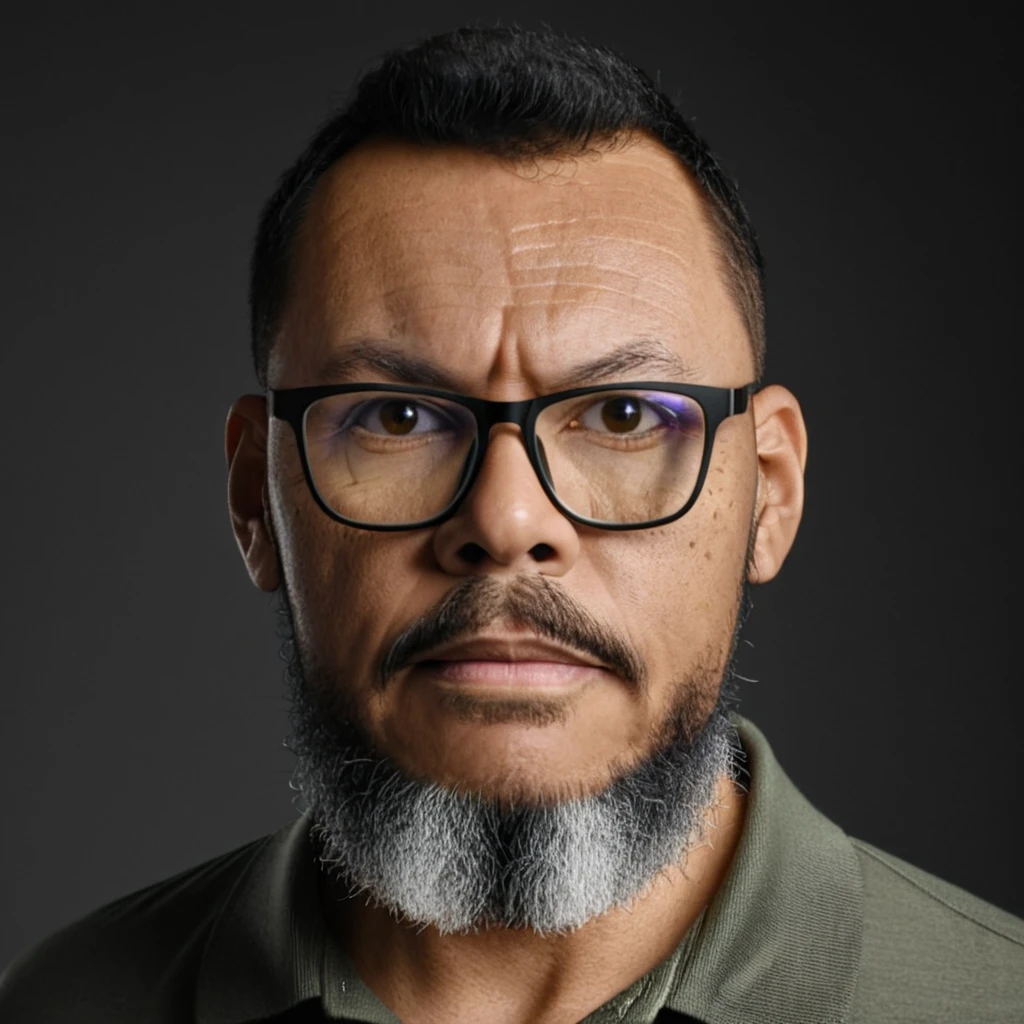 Close-up upper body RAW photo of a man wearing glasses, (long beard:1.2), brown eyes, short hair cut military style, yellow polo shirt, (grayscale background: 1.2), studio chiaroscuro lighting, professional portrait, Sony Alpha Mirrorless Camera, (high detailed skin, full sharp:1.2).,gutto2024abr