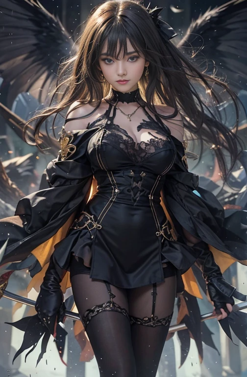 (masterpiece:1.3), (8k, Realistic, RAW Photos, Best image quality: 1.4), Fair-skinned fairy woman、blow long hair、Hair blowing in the wind、Cleavage:2.0、Highly detailed face、Attention to detail、double eyelid、Chest to chest、Sharp focus:1.2、Beautiful woman:1.4、 Brunette Hair、highest quality、masterpiece、超A high resolution、(Realistic:1.4)、Highly detailed and professionally lit smiles, Gothic Costume、Dark Street ,Shoulders out、thin、Serious expression、black goth fashion:1.2 , Short-haired、Deadly position, Gorgeous Necklace , one person、whole body, Giant black angel wings on the latissimus dorsi、Rainy , Yellow Eyes、both hands, Perfect Fingers.
