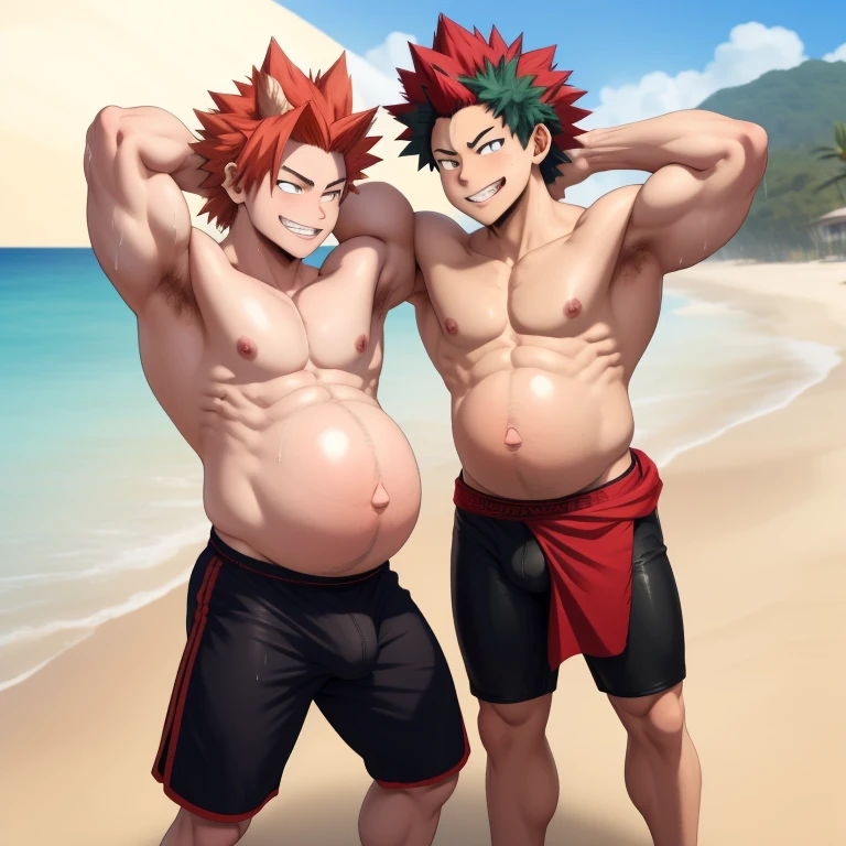 2boys, full body, male focus, muscular male, best quality, amazing quality, best aesthetic, absurdres, chilling at the beach, gay couple, official style, year 2023, game cg, looking at viewer, happy, looking at each others bellies, together on picture, yaoi, gay couple, emphasizing the extraordinary size of pregnant belly, pregnant belly, wet with milk dripping, (bakugou katsuki, Eijiro Kirishima red riot), boku no hero academia, nipples, arms back of head, wearing black short underwear, grin.
