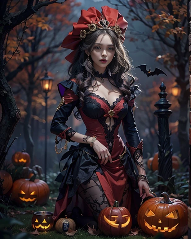 highest quality, masterpiece, Attention to detail, Intricate details, Realistic, Mysterious Halloween woman with bright expression, Spooky atmosphere