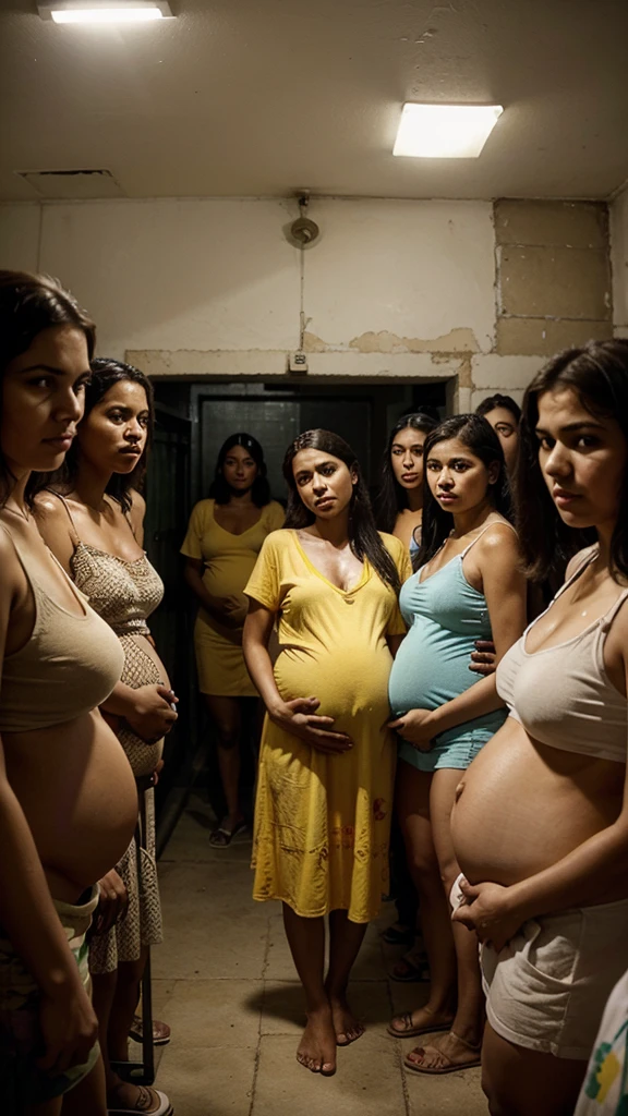 - "A Brazilian man standing in a prison cell surrounded by twenty women of various ages, some holding babies and others visibly pregnant. The scene is vibrant and lively, showing a sense of family and growth despite the prison setting