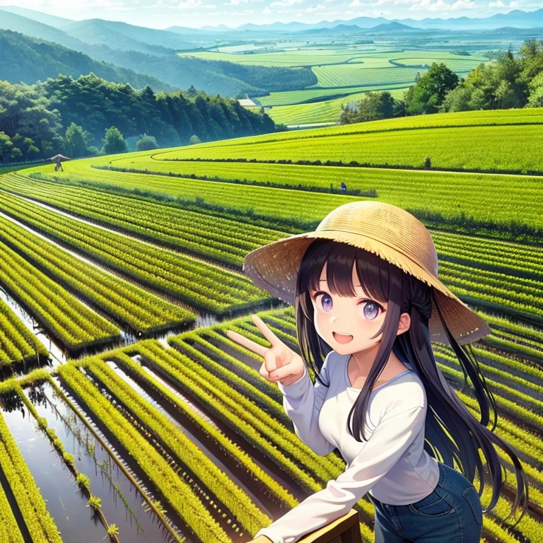 View from the top of the mountain,Small seedlings in a watery rice field,Rice cultivation,Rice transplanter,Poor work clothes,Long sleeves and pants,Ai Fukuhara,Purple long hair,Large breasts,V sign,The best smile,Smile,Vietnamese hat