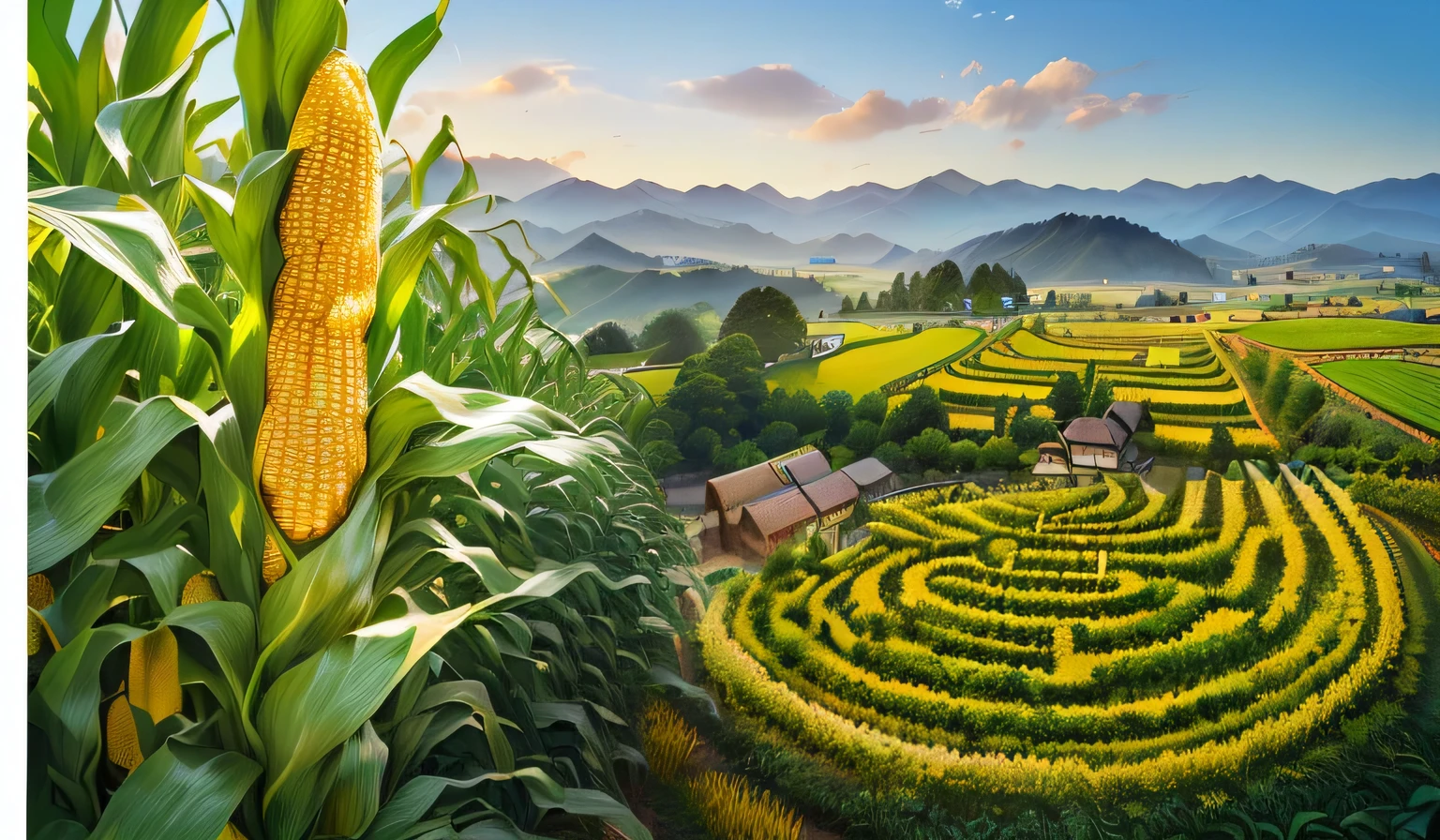arafed corn maze in a field with a farm in the background, countryside in japan, maze-like, Grass spiral mountain landscape, Taiwan, corn, Japanese countryside tourism, Japanese countryside, ( Visually stunning, rural japan, maze, Beautiful sunny day, tall corn in the foreground, Korean Village, Idyllic and fertile land, a landscape of hedge maze