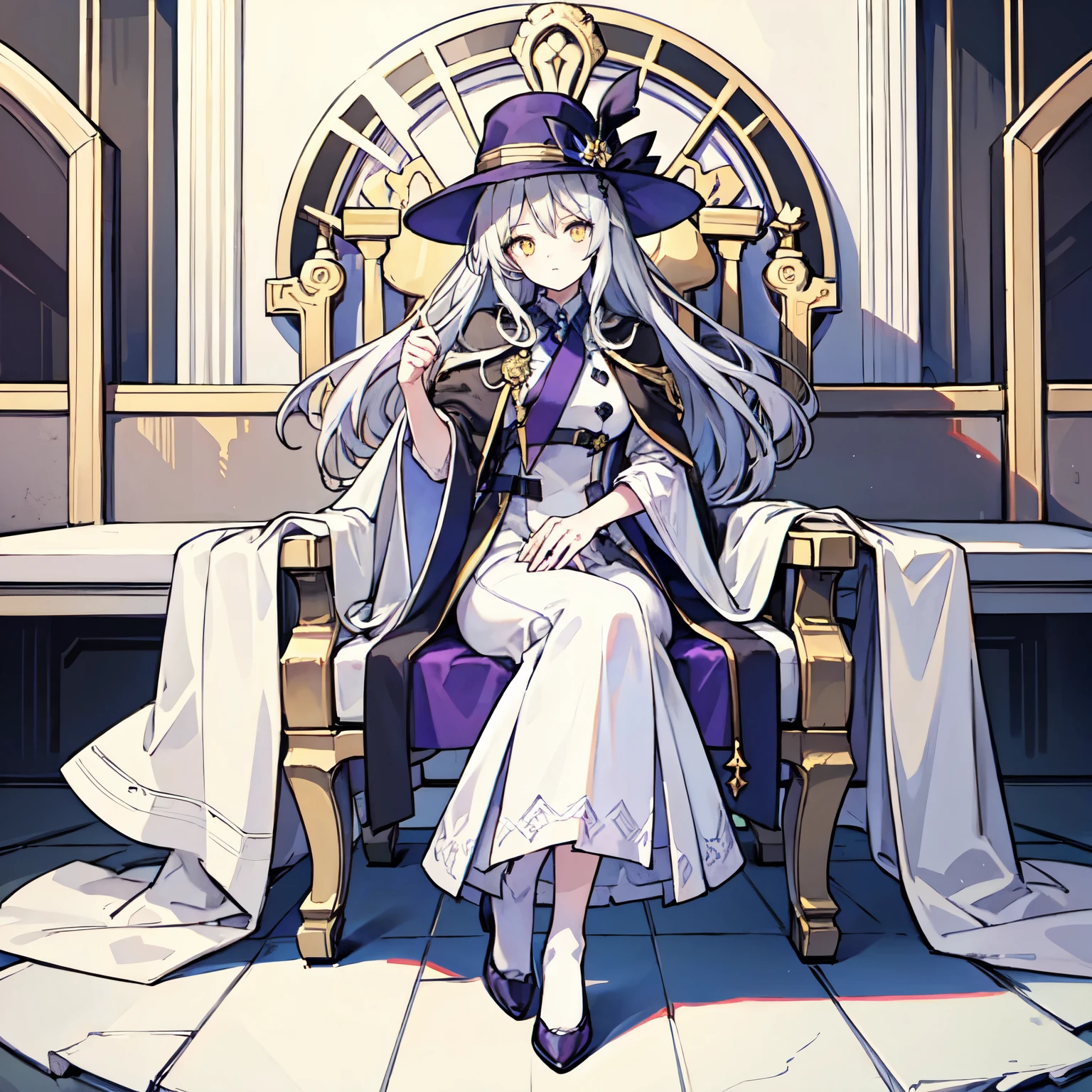 One Woman、young、Silver Hair、Long Hair、Yellow Eyes、Very large breasts、Wizard、White clothes、Purple Robe、Black Cape、Wear a pointed hat、Sit on a chair、Full body portrait、Study