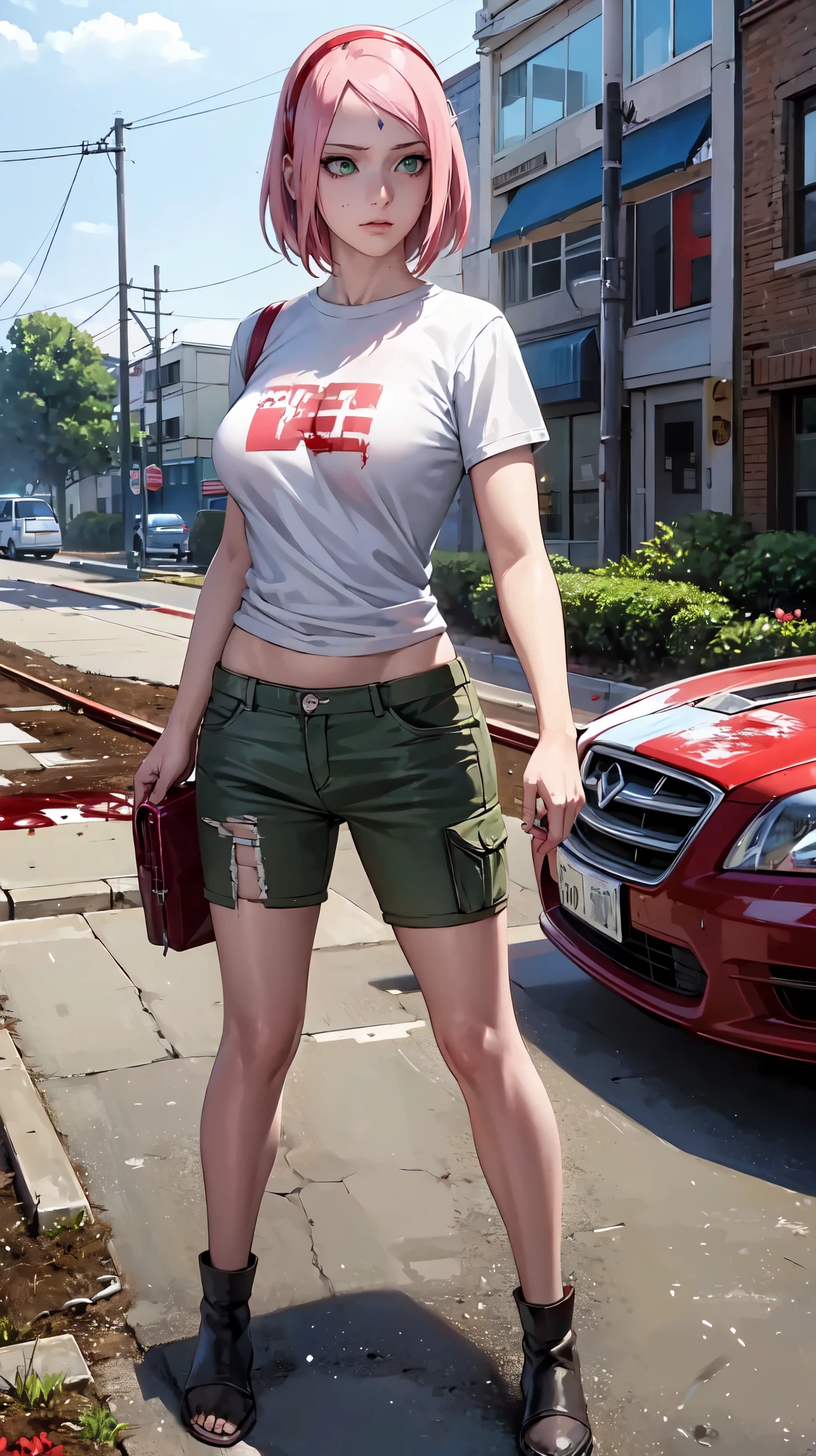 Masterpiece, stunning realistic, best quality, sharpness,1 girl,forehead mark,Zombie game,Blood in the face,blood on the clothes,blood on the body,full body,broken clothes,damaged clothes,white damaged shirt,ripped cargo shorts,standing in a destroyed city,fight field,,sakura haruno,pink hair,green eyes,red hairband,middle large breasts,