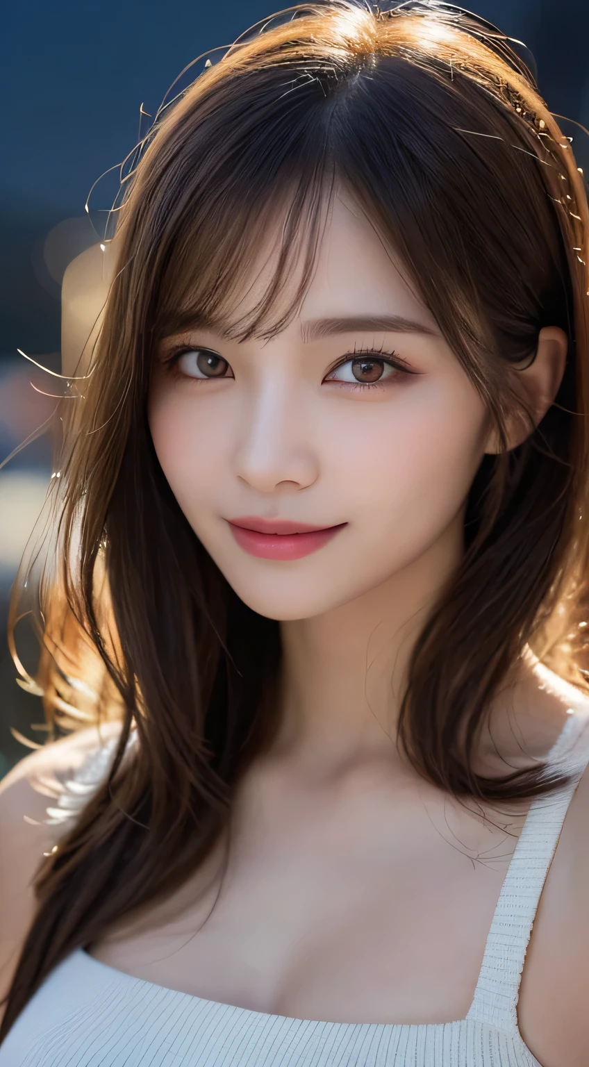 Body portrait, 8K, thin and beautiful eyes, Dindal effect, masterpiece, top quality, high quality, high resolution, very detailed photo, (natural skin texture, fine skin, hyper realism, super sharpness), high detail skin, (very fine, fine skin texture, intricate details, beautiful face, (realistic face), realistic eyes, beautifully detailed eyes, realistic skin, beautiful skin, surreal, very detailed Golden ratio, smiling eyes, ((night moonlight background) )), body portrait, G cup, big breasts, huge breasts, big breasts, glamorous, sexy knit dress,
