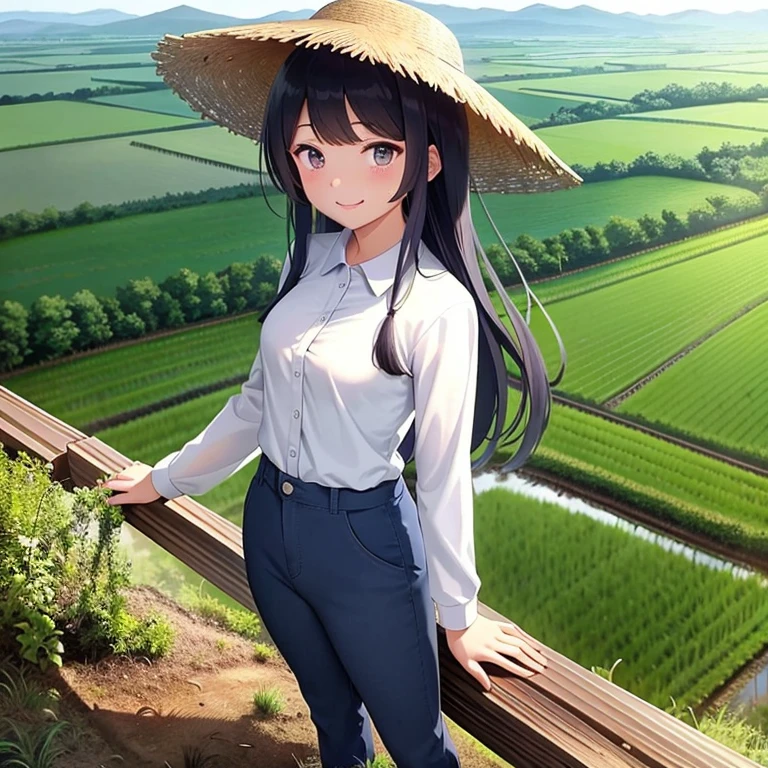 View from the top of the mountain,Small seedlings in a watery rice field,Rice cultivation,Rice transplanter,Poor work clothes,Long sleeves and pants,Ai Fukuhara,Purple long hair,Large breasts,V sign,The best smile,Smile,Vietnamese hat