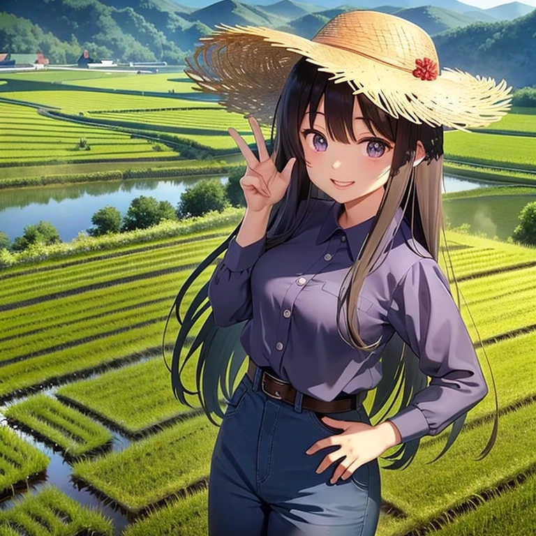 View from the top of the mountain,Small seedlings in a watery rice field,Rice cultivation,Rice transplanter,Poor work clothes,Long sleeves and pants,Ai Fukuhara,Purple long hair,Large breasts,V sign,The best smile,Smile,Vietnamese hat