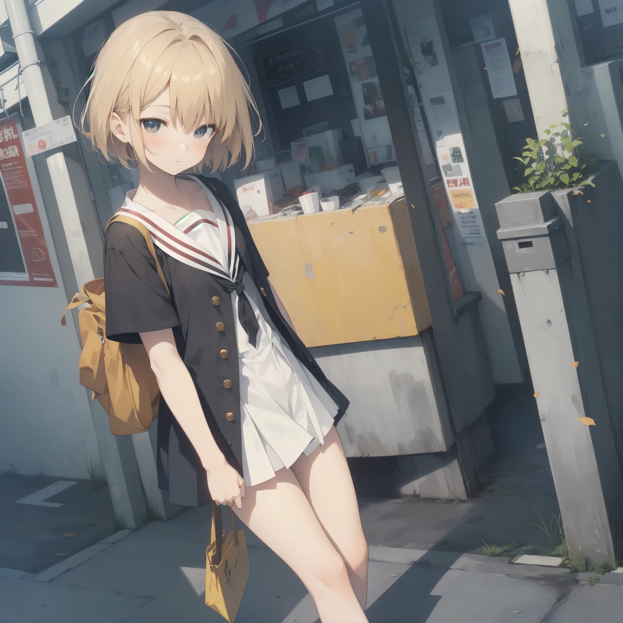 ultra-absurdres-Top quality by artist God, ultra-detailed, high resolution, anime moe artstyle, best anime 8k konachan wallpaper, pixiv contest winner, pool:2810, perfect anatomy,break, 1girl, (Please draw a girl walking sleepily to school alone. )break,(Solo,little female, 13-year-old:1.3),Full limbs, complete fingers,a junior high school student, (very short hair), short cut, flat chest, , small butt, small black eyes, beautiful detailed eyes, well-proportioned iris and pupils, expressive eyes, highres detailed hair, soft expression, salor school_uniform, sailor collar, serahuku, bow, pleated skirt,(Detailed Lighting), (Detailed background), in the School commute route. break,super detailed skin, Best cinematic lighting powered by famous artist, 8k,beauty illustration,photoshop_(medium),very aesthetic,break,((artist:abubu )), artist:clamp ,artist:carnelian ,artist:kantoku ,
