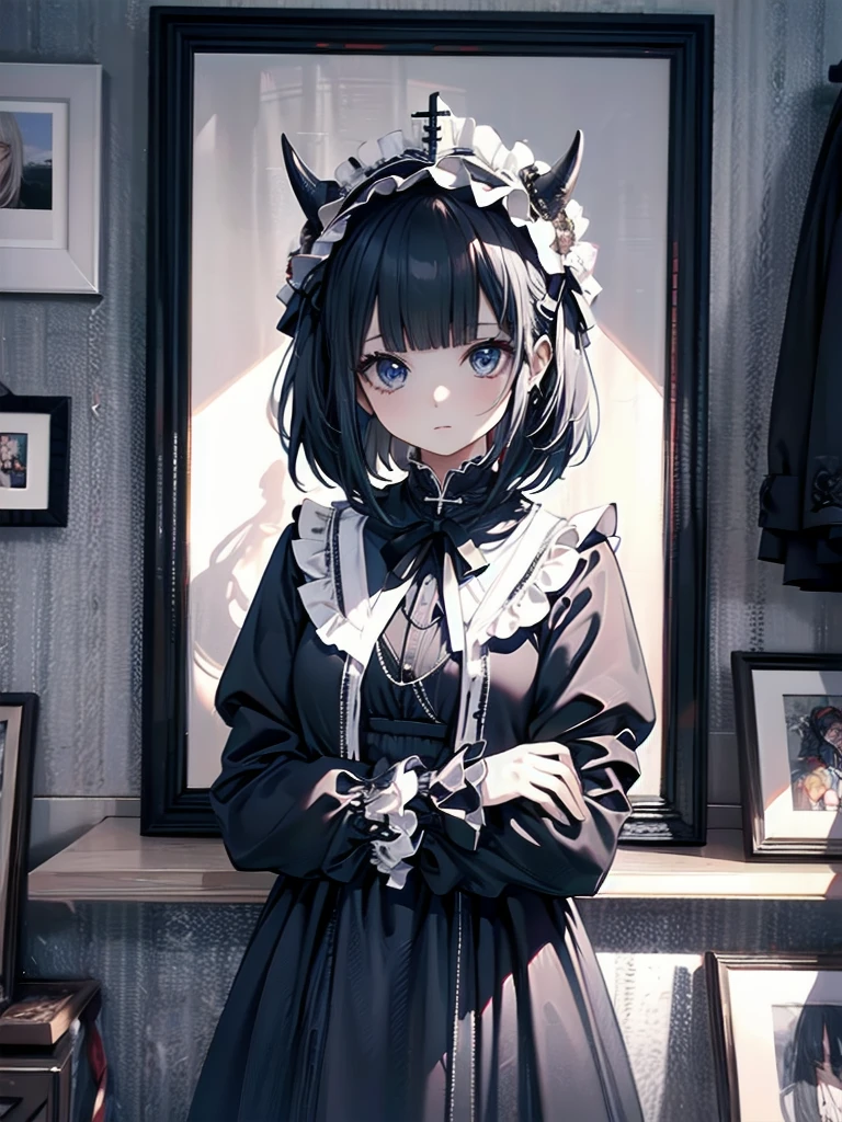 (((Extremely accurate anatomy)))(Top quality, 16K, Masterpiece, Super high resolution, Victorian, Photorealistic: 1.2), 1 girl, devil costume, cassock clothing, Cowboy shot, One-length bob cut braided hair clip at front, Cute, Neat, Tundere, Heroine attributes, Artistic shading, Currents rejected.