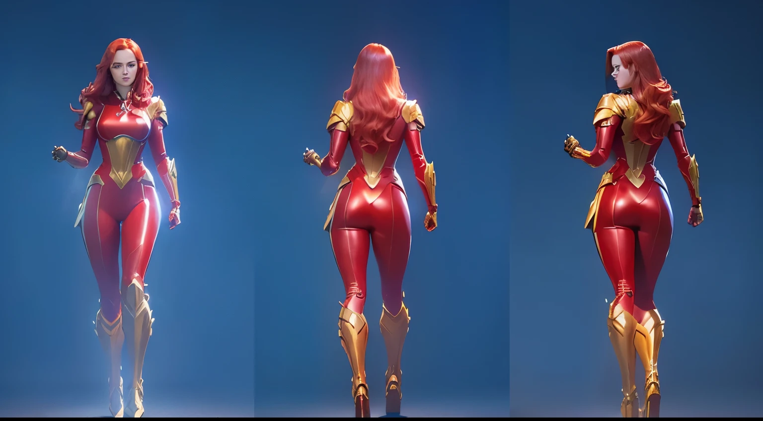 a closeup of a red-haired woman in a red outfit, golden long boots, golden long gloves, full body portrait of Jean Grey, character posing, realistic dynamic pose, specialized light effects on the figure, back pose, cinematic, 8k rendering, Character details, 8k rendering character art, UHD