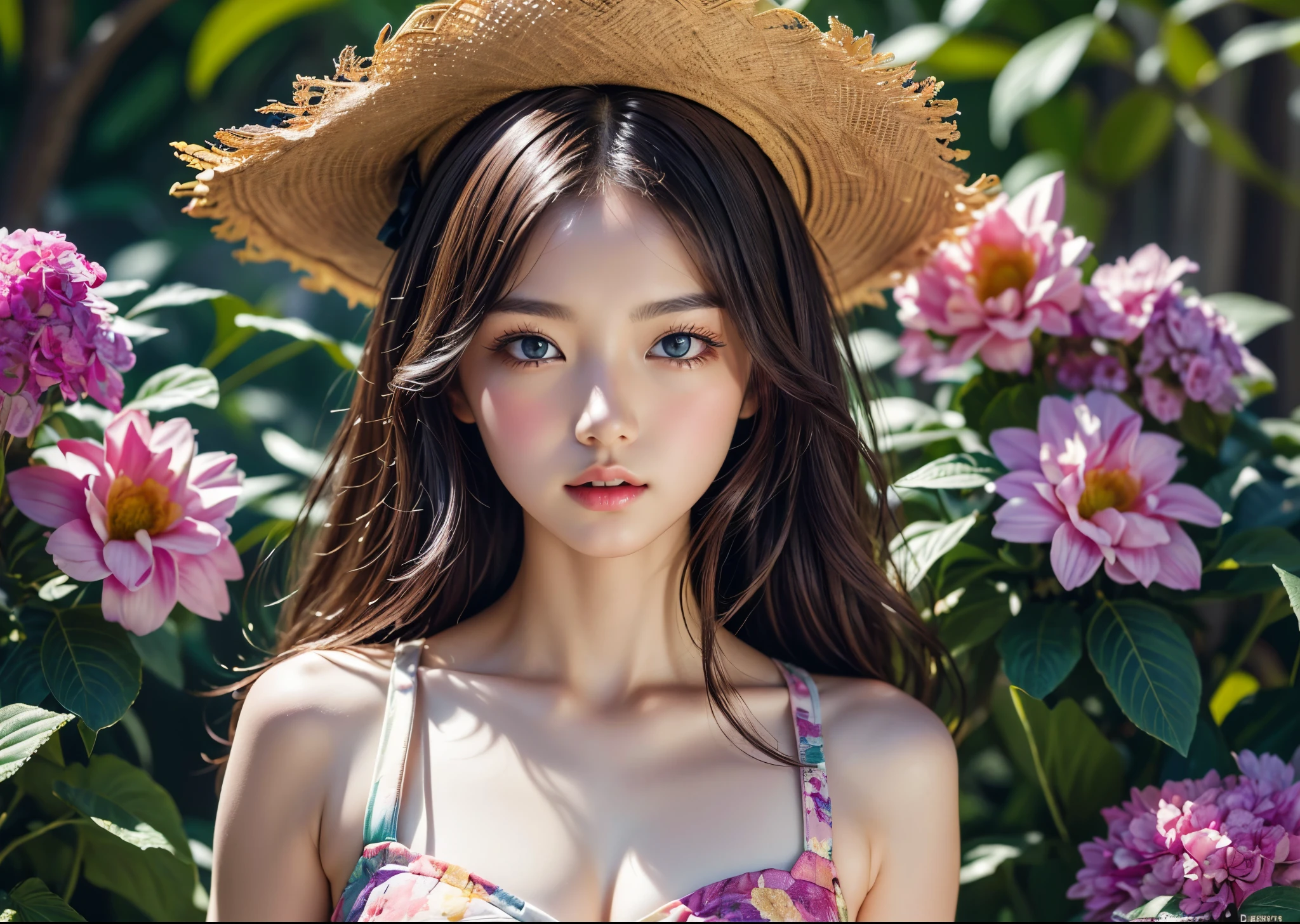 (masterpiece, highest quality, highest quality, Official Art, beautifully、aesthetic:1.2), (1 girl), Very detailed,(Fractal Art:1.3),Colorful Aloha、Most detailed, Background with fractals and details of assorted flowers and tropical butterflies、