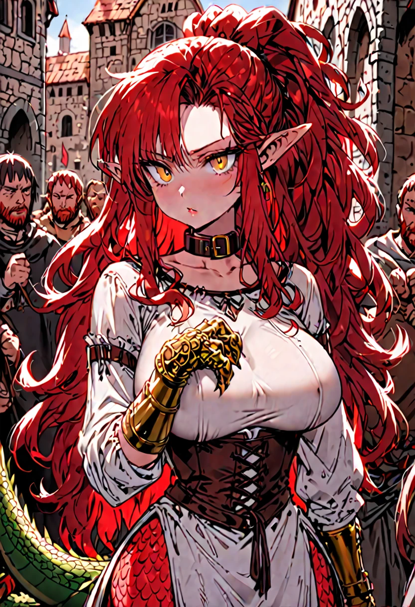 solo, female, sfw, medium shot, long hair, curly hair, big hair, ponytail, red hair, golden eyes, pointed ears, huge breasts, dragon tail, red scales, claw hands, dressed in rags, collar, least, slave, auction, medieval, day