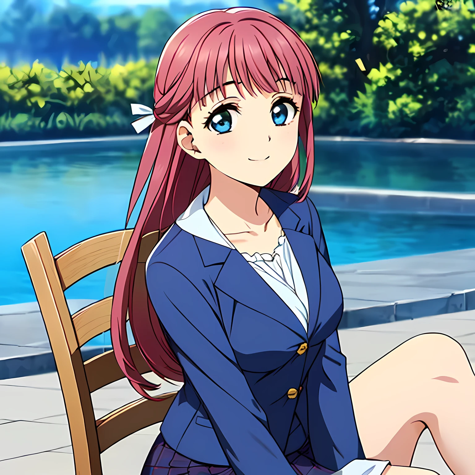 highest quality, (masterpiece:1.2), Very detailed, (((Game CG))), ((((Like the aristocratic lady depicted by Renoir１Side portrait of a beautiful girl sitting)))), ((The girl everyone loves)), ((((Very beautiful, wavy, long flaxen hair)))), ((((Navy blue blazer)))), (((Dark navy blue checked skirt))), ((((Very beautiful and shining eyes)))), ((Very long eyelashes)), A big white ribbon on the chest, ((An elegant expression like a noble princess)), (((Beautiful and great smile))), Small face and great posture, ((Give the viewer a heavenly feeling of happiness)), (((Blur the background))), ((A very compassionate face)), ((Slender and shapely breasts)), (((Looking into the distance))), Background is a hedge