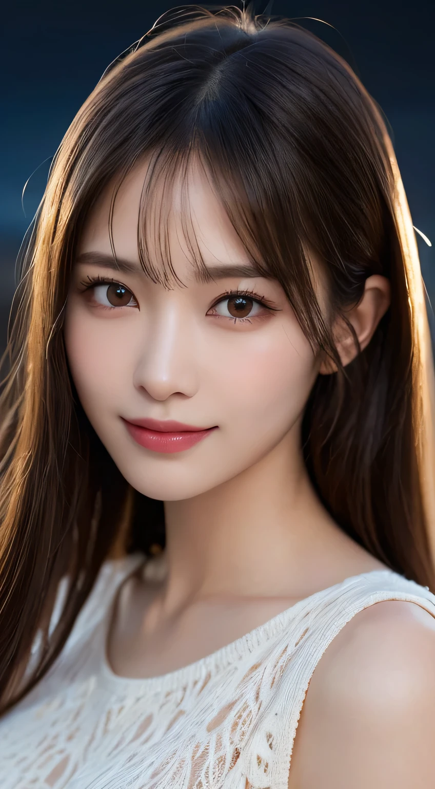 Body portrait, 8K, thin and beautiful eyes, Dindal effect, masterpiece, top quality, high quality, high resolution, very detailed photo, (natural skin texture, fine skin, hyper realism, super sharpness), high detail skin, (very fine, fine skin texture, intricate details, beautiful face, (realistic face), realistic eyes, beautifully detailed eyes, realistic skin, beautiful skin, surreal, very detailed Golden ratio, smiling eyes, ((night moonlight background) )), body portrait, G cup, big breasts, huge breasts, big breasts, glamorous, sexy knit dress,