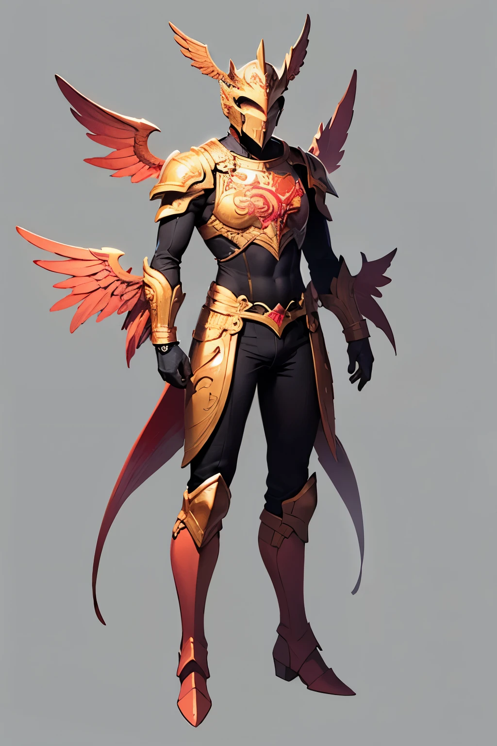 solo, simple background, 1boy, white background, standing, full body, male focus, boots, wings, armor, bodysuit, helmet, arms at sides, pink footwear