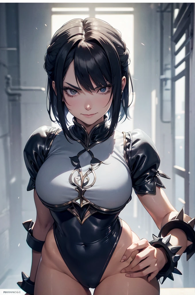 evil smile solo, masterpiece, best quality, agrias, grey sweater, black leotard, standing, looking at viewer, short hair,oculos,evil smile, evil look, juri han,luvas preta,roupa azul,yandere rosto,low lighting,coxa sarada copo detalhado,olhando para frente