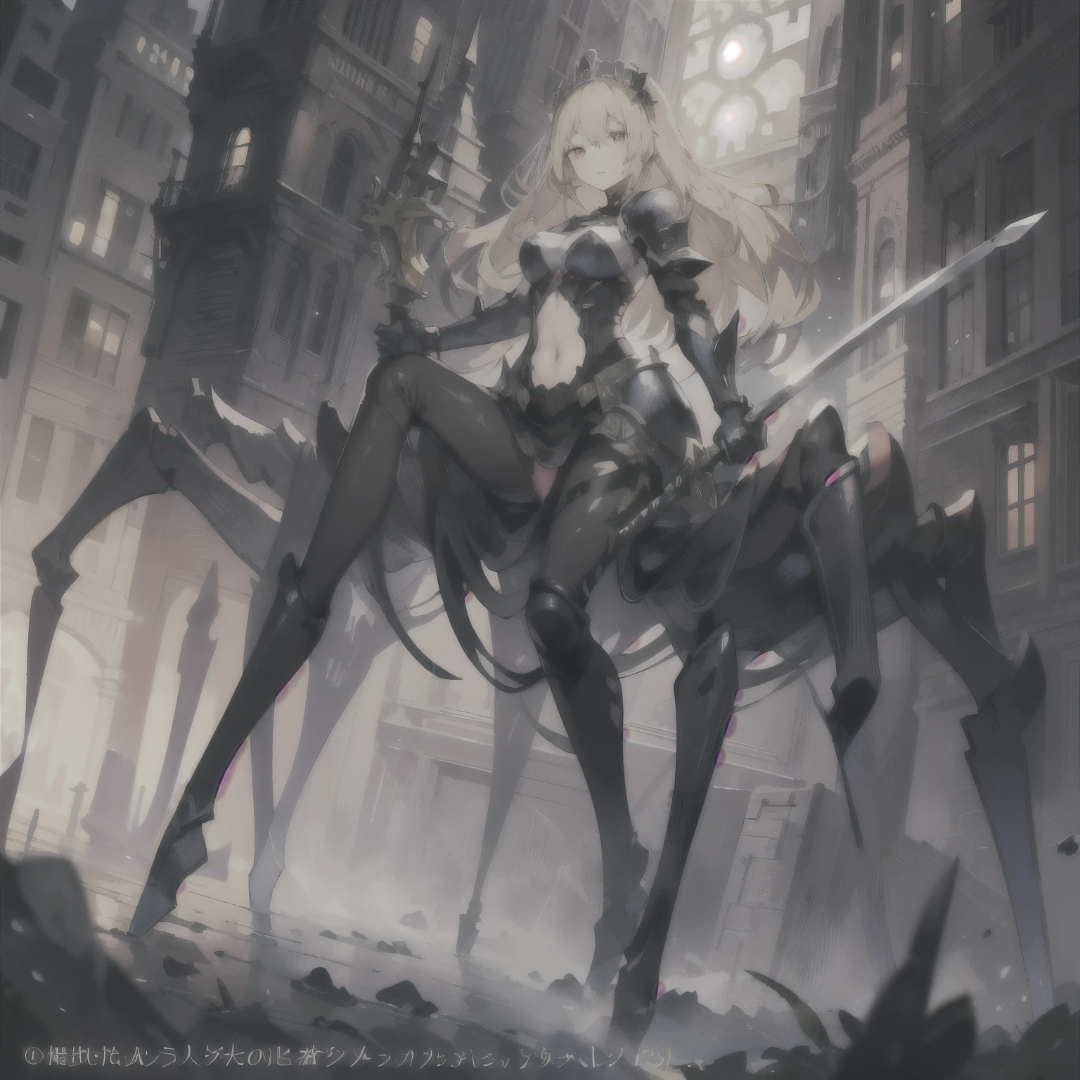 AS-Young V2, ((highest quality)), ((Very detailed)), masterpiece, ((Official Art)), steampunk,
One girl, alone, Young Queen, Arachne, (Blonde Hair, Long Hair), Expressionless, Beautiful Face, Fine grain, Full Body Shot, Black tiara, abdomen, Black Armor, knight, Have a weapon, Holding a sword, Outdoor, Cityscape, spiderweb, night, It was foggy, haze