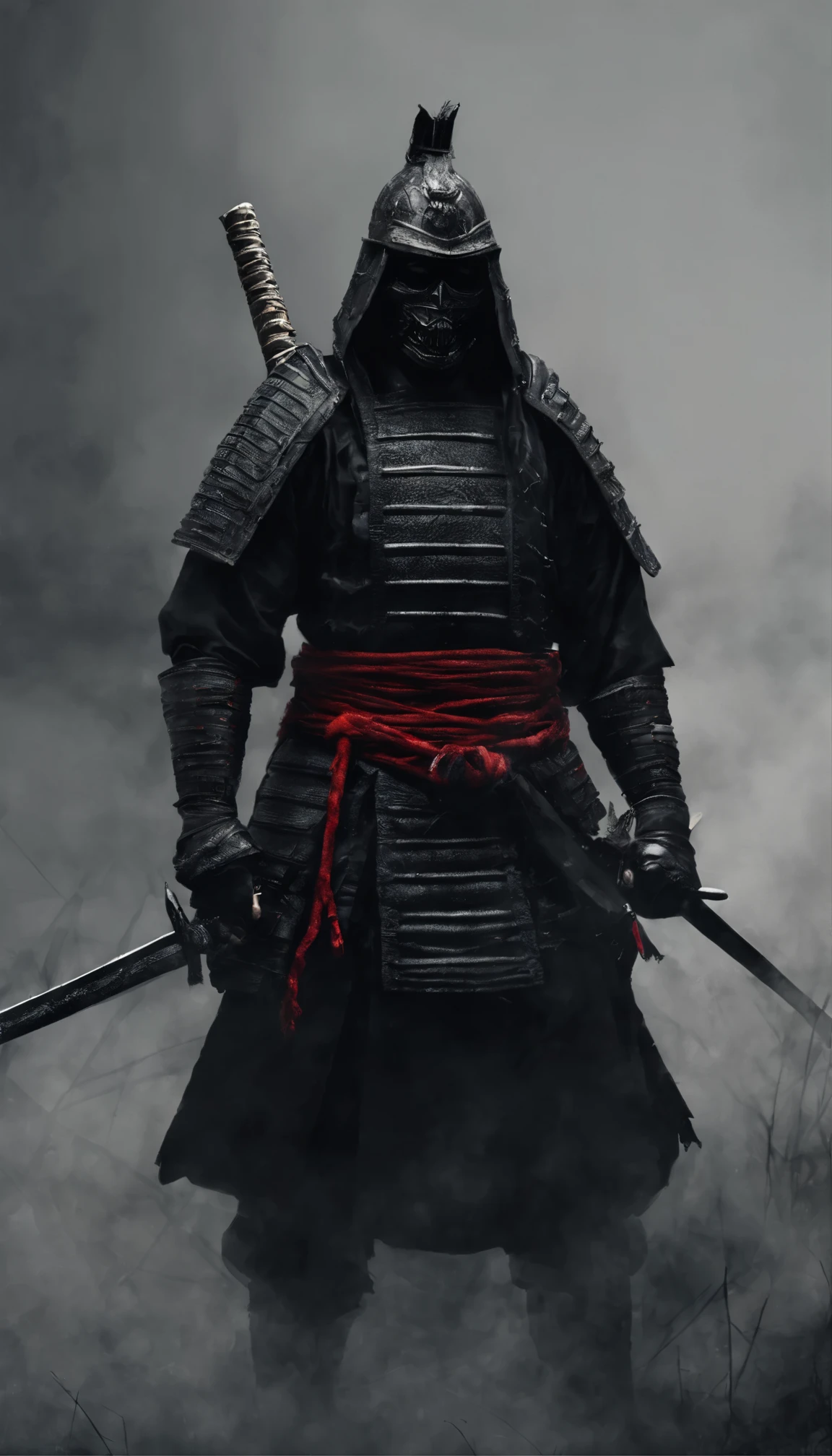 (melhor qualidade,4k,8K,A high resolution,Obra de arte:1.2),ultra-detalhado,(realista,Fotorrealista,fotorrealista:1.37),Japanese feudal samurai from the Warring States period, Vestindo uma armadura completa de samurai, Wearing a black samurai mask, Empunhando uma katana afiada, Exudes a strong sense of intimidation, Olhos vermelhos brilhantes, Entregando o Samurai