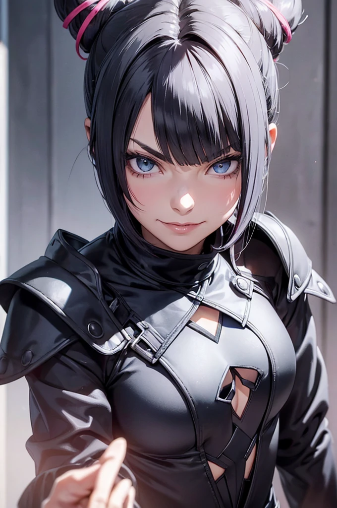 evil smile solo, masterpiece, best quality, agrias, grey sweater, black leotard, standing, looking at viewer, short hair,oculos,evil smile, evil look, juri han,luvas preta,roupa azul,yandere rosto,low lighting,coxa sarada copo detalhado,olhando para frente
