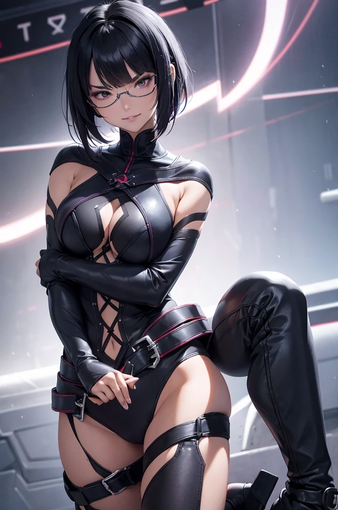 evil smile solo, masterpiece, best quality, agrias, grey sweater, black leotard, standing, looking at viewer, short hair,oculos,evil smile, evil look, juri han,luvas preta,roupa azul,yandere rosto,low lighting,coxa sarada copo detalhado,olhando para frente
