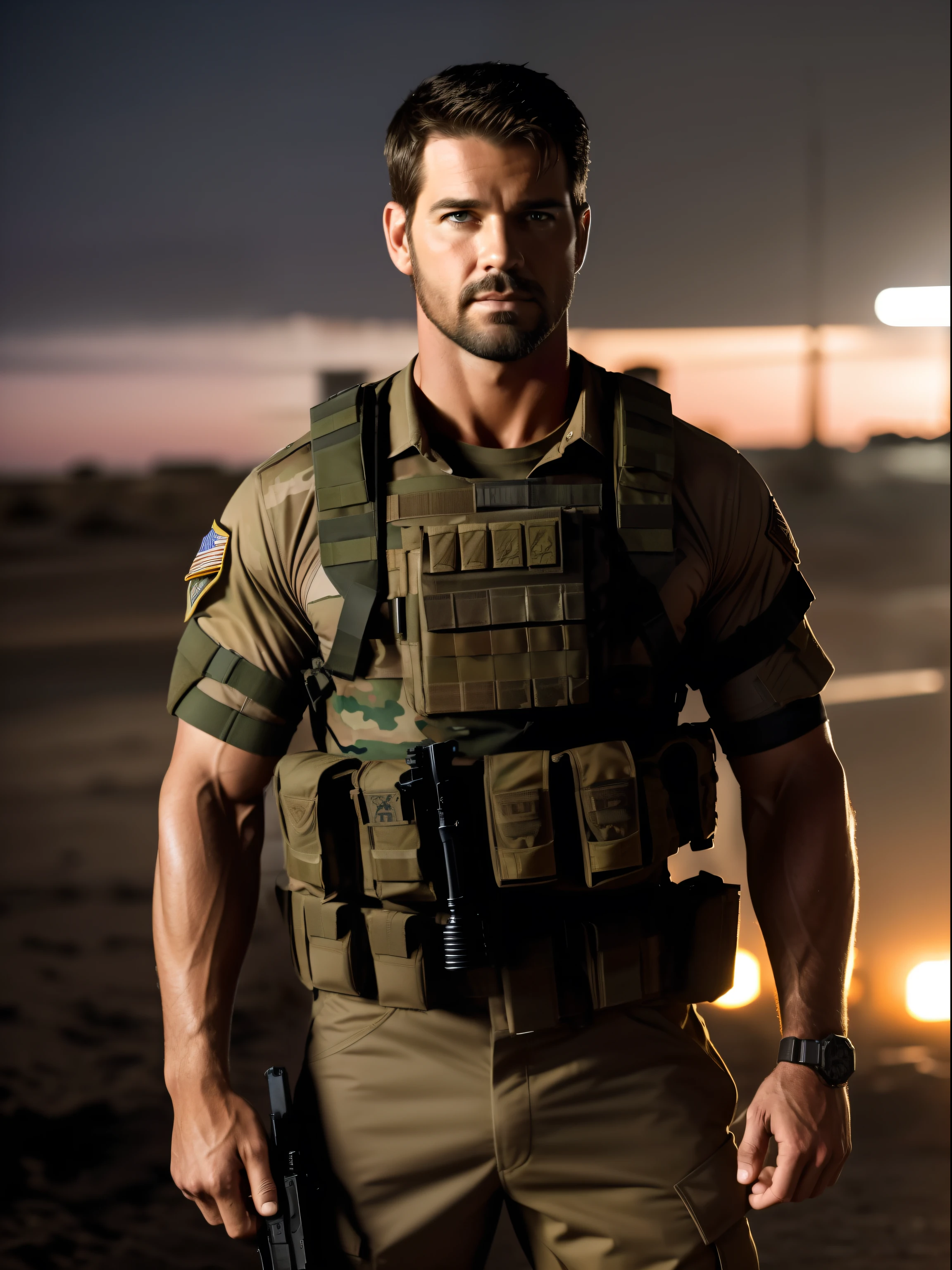 Jack Silva do filme 13 Horas - Os Soldados Secretos de Benghazi. cabelo: curto, cabelo castanho escuro. Facial cabelo: barbeado. Olhos: marrom. Altura: Tall and muscular build. tom de pele: Bronzeado justo a claro. roupas: Typically seen wearing military suits or tactical equipment.
