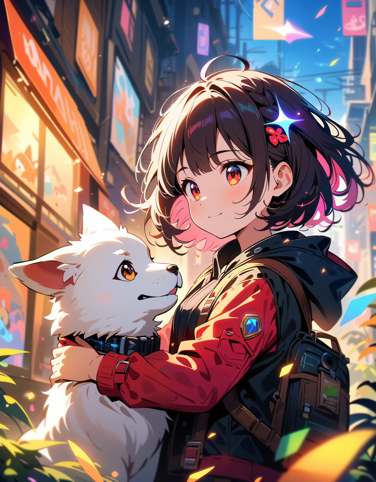 (best quality, 4K, high details, high quality:1.2), UHD, (retina:1.1), cinematic lighting, colorful sparkle, depth of field, f/2.8, 35mm, cute adventurous girl traveling with a dog, cute, adventure