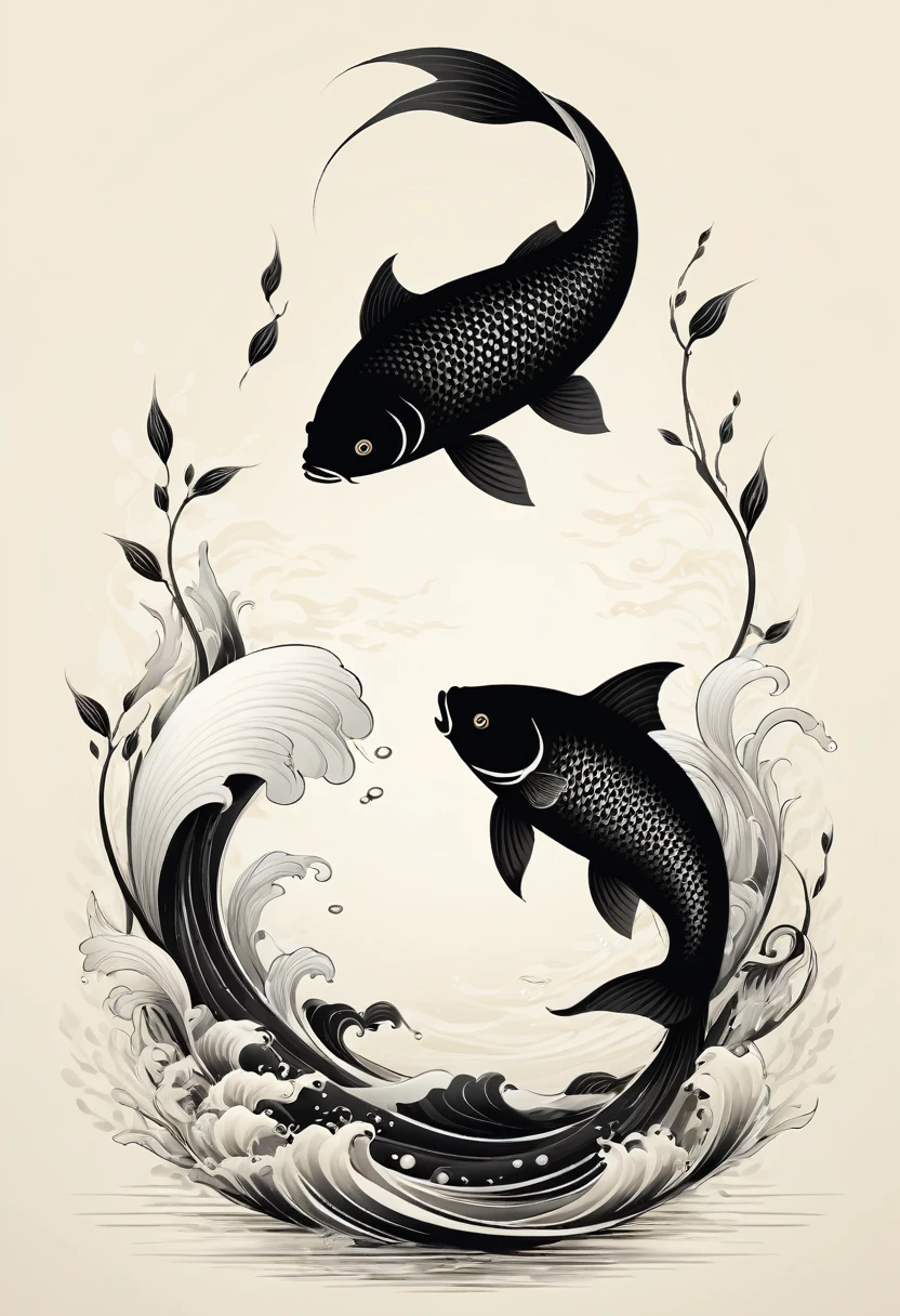 Black fish and white fish formed into Tai Chi shape line art, Black and white gongbi art detailed texture black and white distinct a beautiful artistic illustration