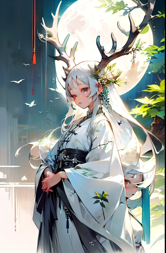 One girl,chinese garment,flower,masterpiece,highest quality,Super detailed,deer,Gray Hair,White clothes,water,moon,Elementary school girl　naked