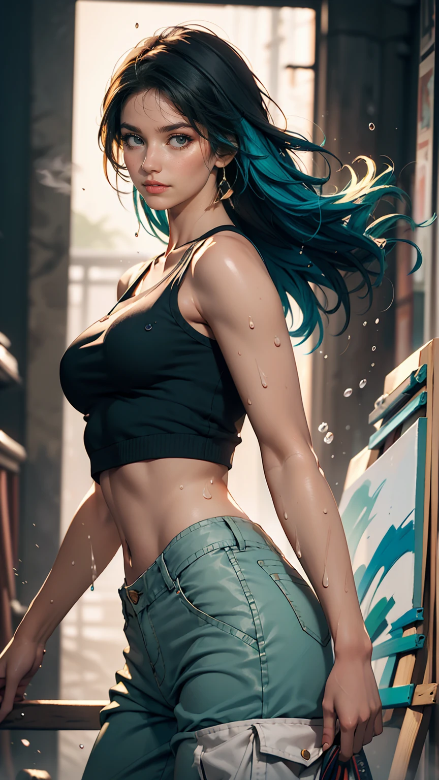 Award-winning Samdo art style、Wearing a crop top and cargo pants、Dark blue teal hair style with head movement、Half-body portrait of a beautiful woman with flowing hair。, Paint splashes, Splash, Overtake, Vaporware, Shaded flat illustration, Digital Art, Trending on Art Station, Very detailed, The finer details, Complex
