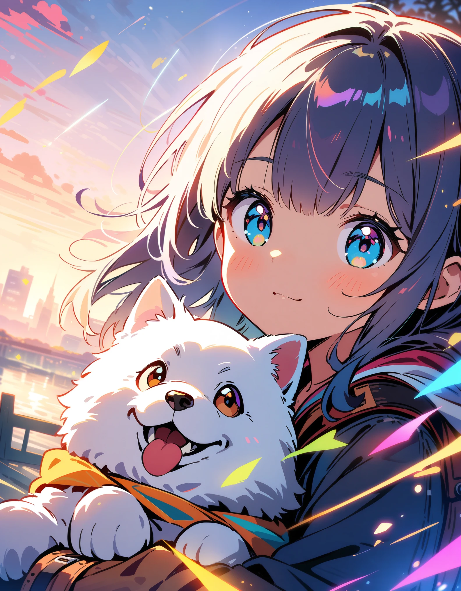 (best quality, 4K, high details, high quality:1.2), UHD, (retina:1.1), cinematic lighting, colorful sparkle, depth of field, f/2.8, 35mm, cute adventurous girl traveling with a dog, cute, illustration style
