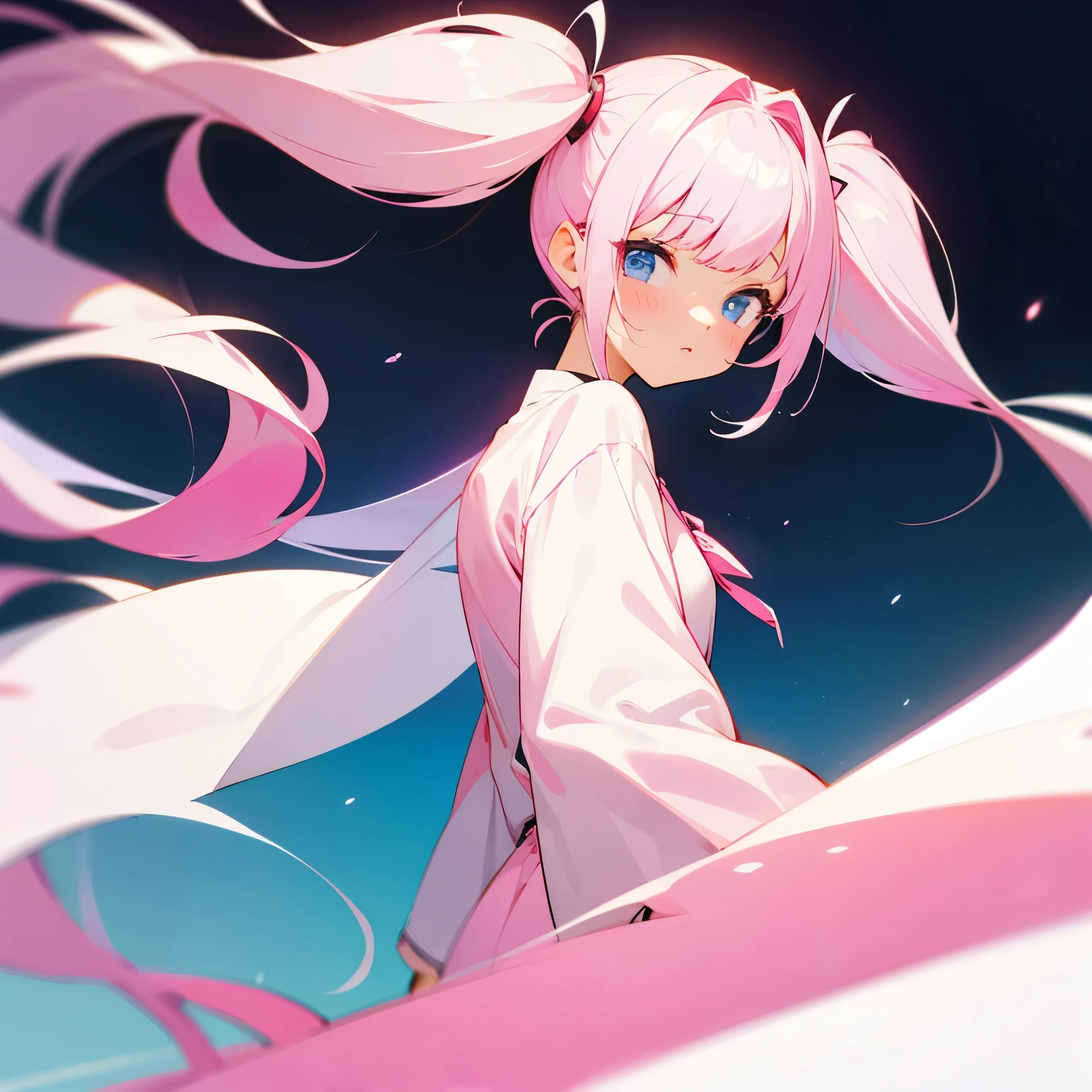 Pink and white gradient hair, gentle, short twin tails, front view