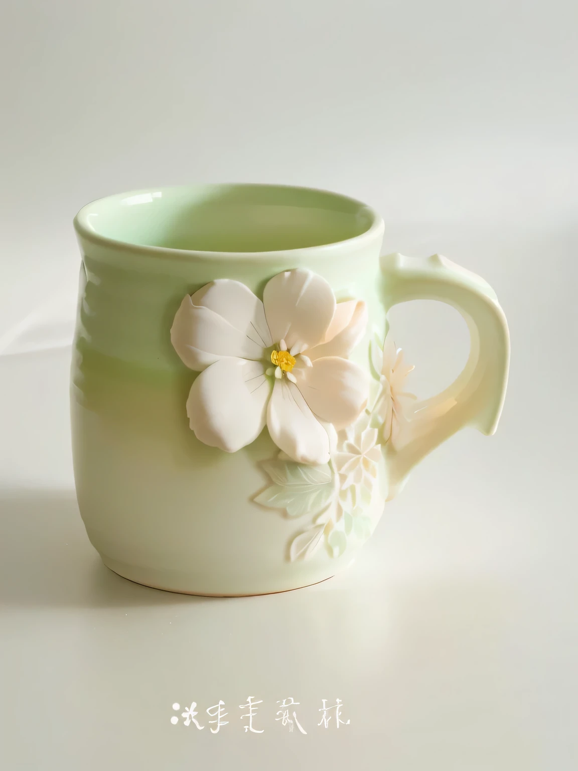 there is a green cup with a flower on it, with celadon glaze, celadon glaze, glazed ceramic, pastel glaze, handmade pottery, cup, Made of luminous wax and ceramic, Coffee cup, made of glazed, White mug, Ezi, hand built ceramics, ivory, flower, glaze, pot, with a White mug, daisy, Clay