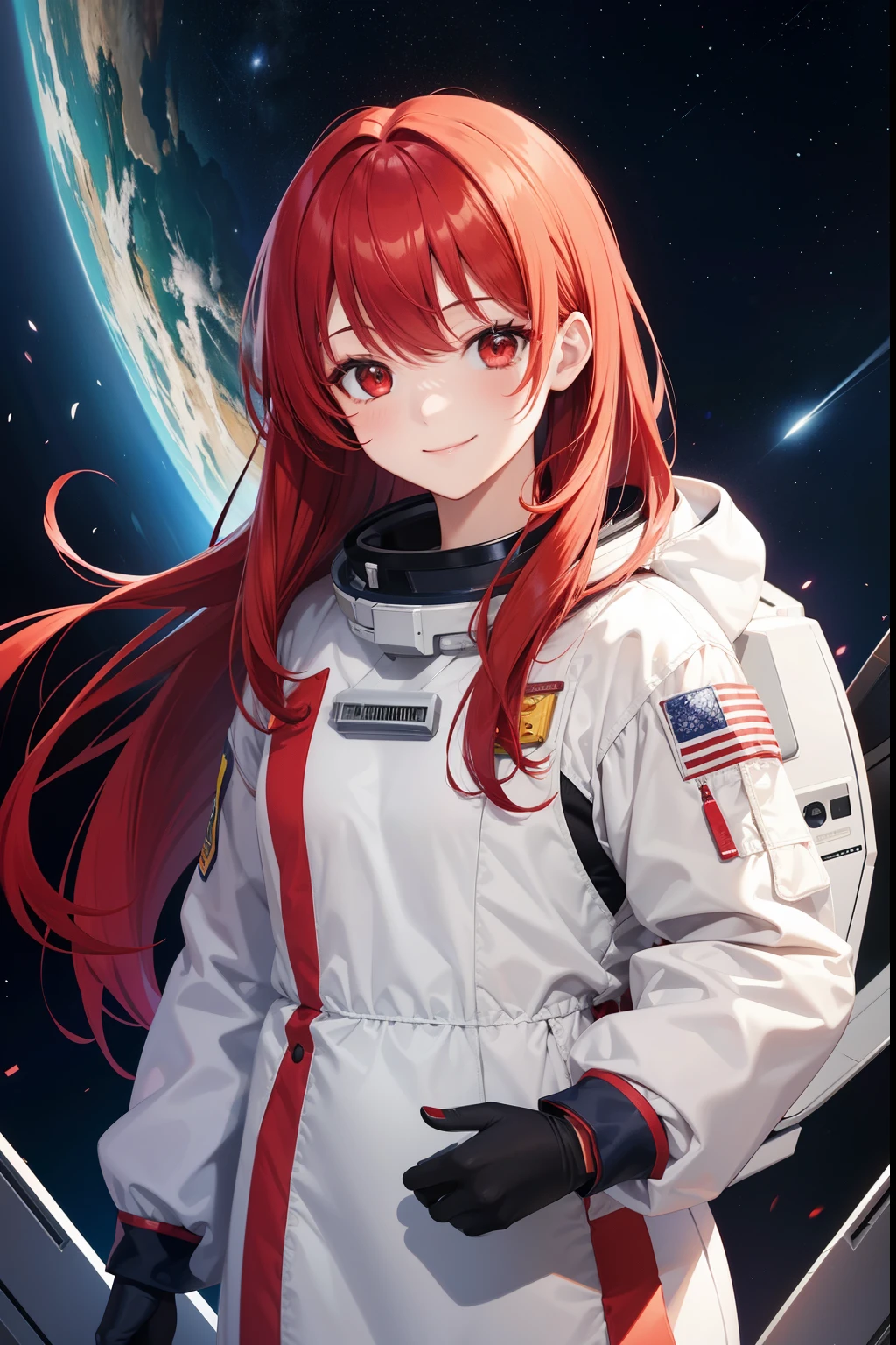 1woman,adult,25 years old,red hair, long hair, astronaut uniform, standing, half Body photo, red eyes, bangs, smile