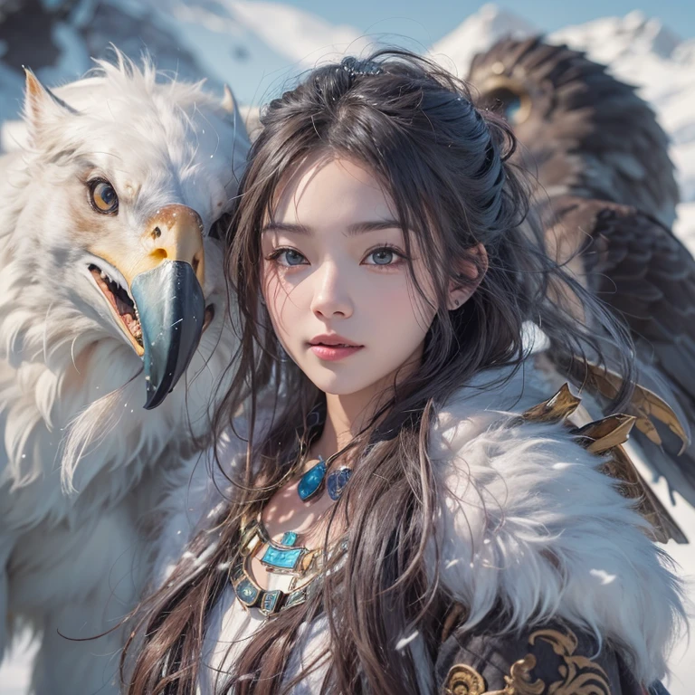 Hiding in the snowy mountains、Hair flow、 ((highest quality、masterpiece、8k、Best image quality、Ultra-high resolution、Award-winning works)、(Accurate ???????:1.1)、(Look at me and smile:1.1)、Shining fair skin with Ultra-high resolution、The most detailed face、Ultra-high resolution detailed face、Ultra-high resolutionの髪の毛、(Ultra-high resolutionの煌めく瞳:1.1)、Beautiful face drawn in every detail、(Blurred Background:1.1)、Ancient Inuit clothing, Chest to chest, tattoo, Old ruins in the background、Apart from the real giant eagle
