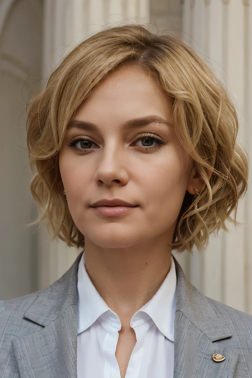 woman age 50 with blond hair, short hairstyle, wavy hair, dressed in a beautiful suit of classic cut, close-up shot against the backdrop of the Moscow Kremlin,