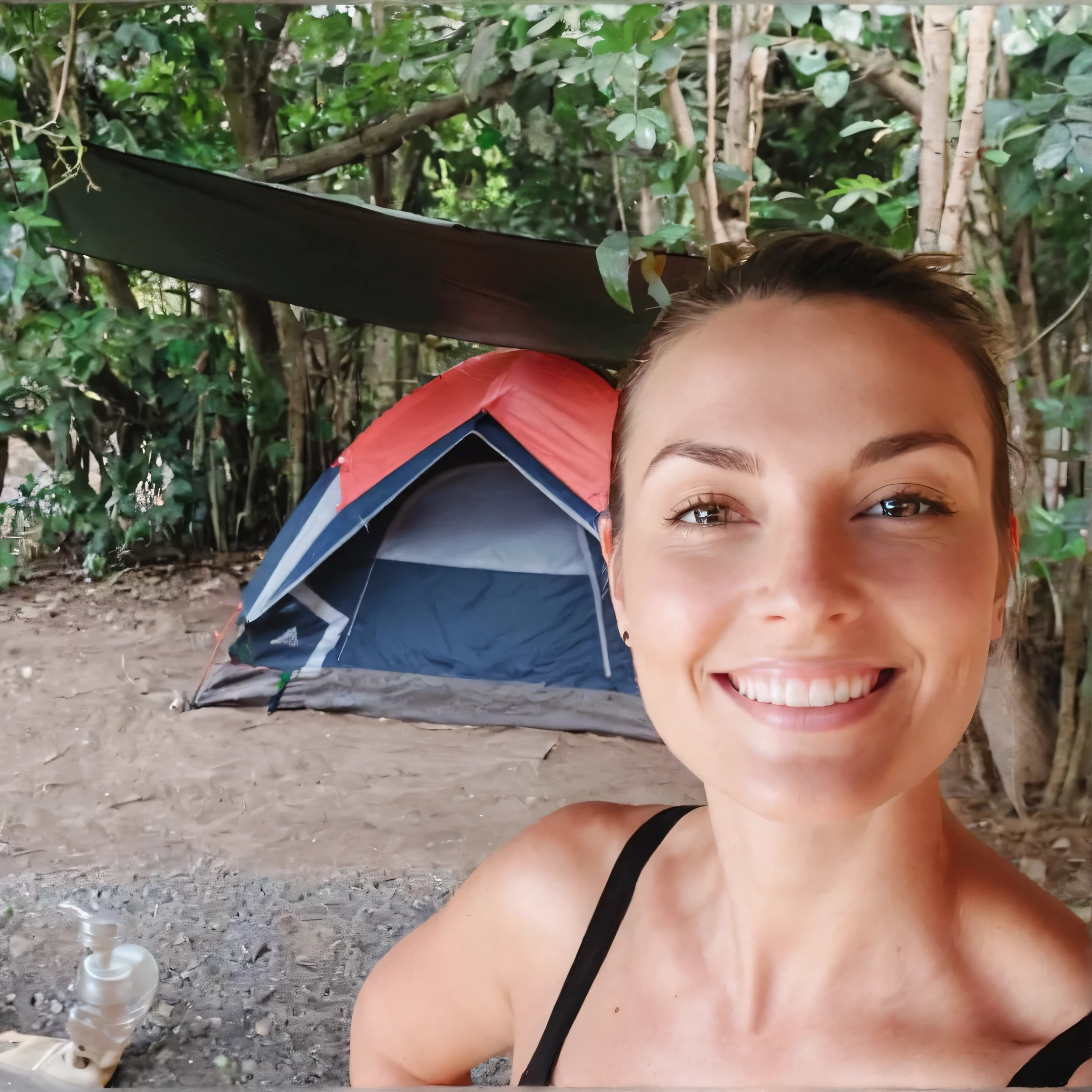 The image shows a stunning woman smiling at the camera in a selfie shot. She is standing outdoors, with a tent set up behind her. The tent has a blue and red color scheme, suggesting it might be a camping tent. The woman is wearing a black top and has a long hair tied. She is standing in front of a tree with lush green leaves, indicating a natural, possibly wooded, environment. The ground is covered with dirt, and there is a water bottle visible in the foreground. The overall setting suggests a casual, outdoor recreational activity, possibly camping or hiking. vibrant colors, high contrast, high saturation, best quality, masterpiece, hdr, 32k